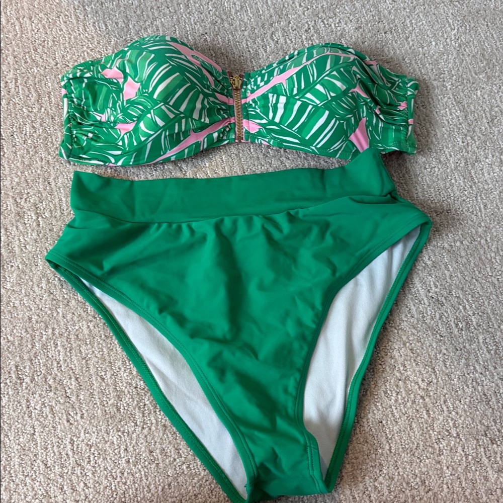 Lilly Pulitzer Print Bandeau Top 
Gold Zip & Amazon solid green top and bottom